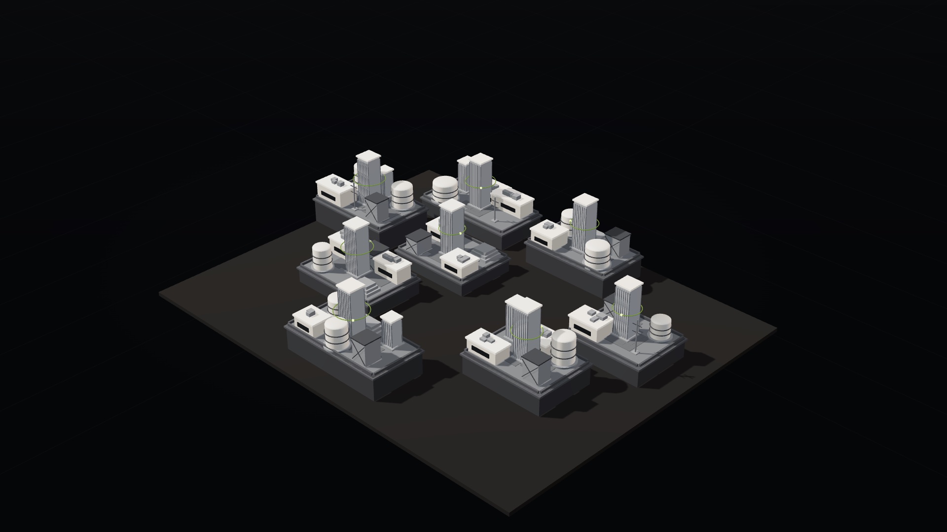 Isometric scale model of eight separate raised data platforms on a dark ground plane, each carrying its own cluster of vaults, server towers and data halls, with wide empty gaps between them and no connections of any kind.
