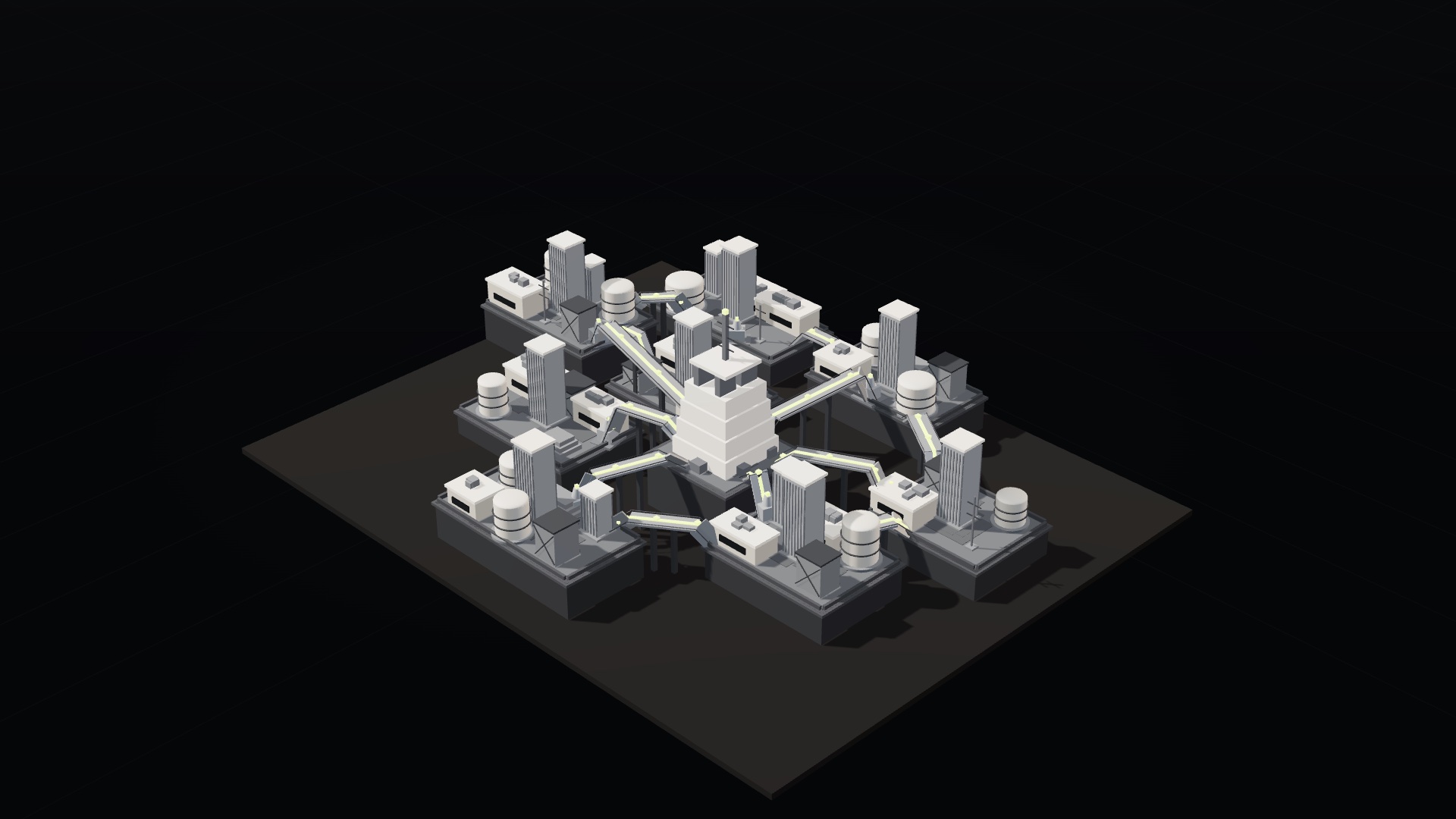 The completed network: every data platform connected through a coherent system of exchange nodes, bridges and illuminated pathways, with pulses of signal-green light moving continuously across the whole landscape.